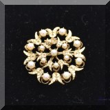 J005. 14K yellow gold pin with 13 pearls. One pearl missing. 1.5” - $375 